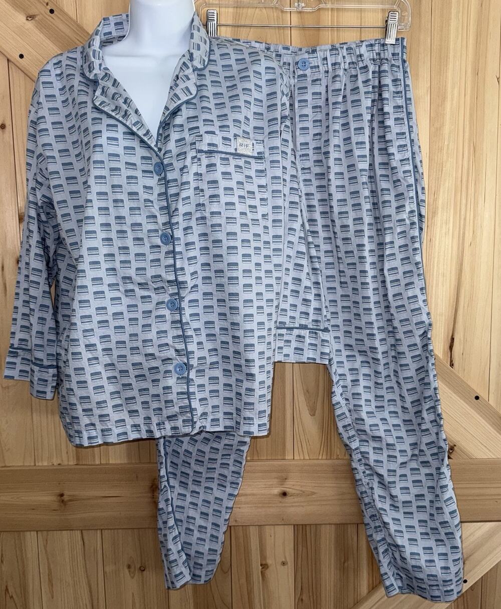Rodan + Fields 100% Cotton Pajama Set Logo Print Blue Button Top & Bottom Sz M
